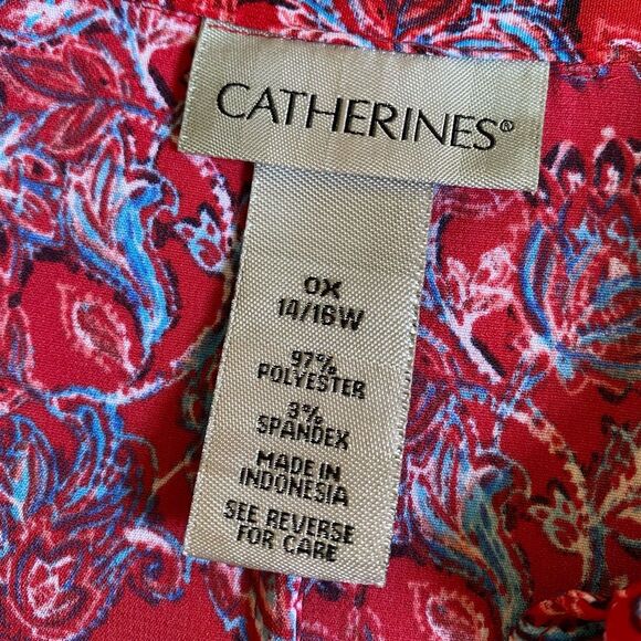 Catherines Button Up Floral Top Women's Size 0X 3/4 Sleeve Red Artsy Boho Office - Picture 13 of 13